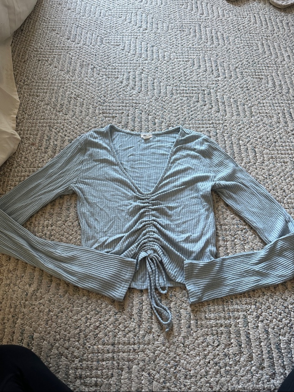 Garage Light Blue Ribbed Drawstring V-Neck Long Sleeve Top